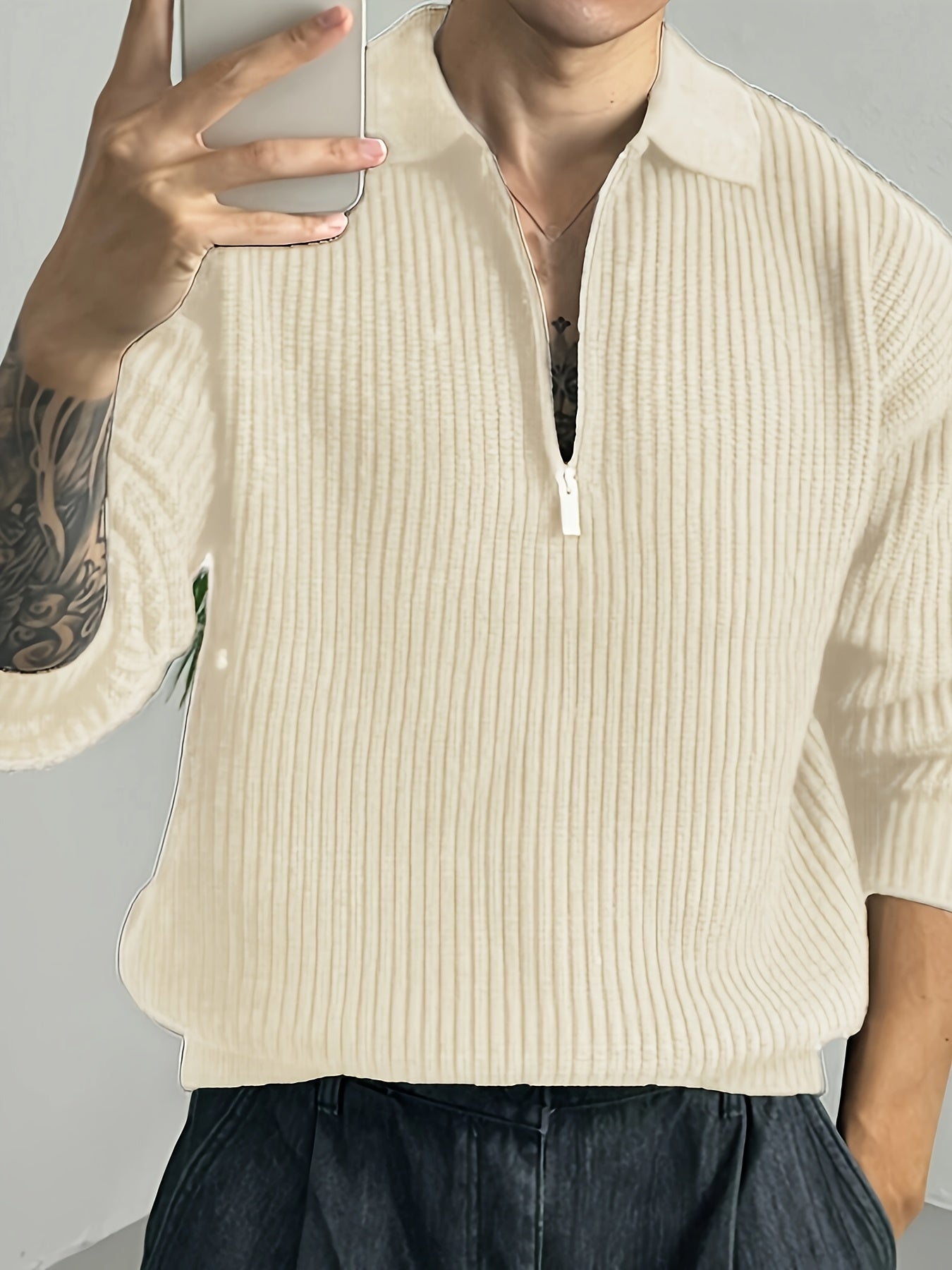 Long Sleeve Polyester Sweatshirt - Men's Casual Knitted Zipper Top - Lapel Collar, Solid Color, Slight Stretch, Half Placket, Loose Fit - 95% Polyester, 5% Spandex - Winter Wear