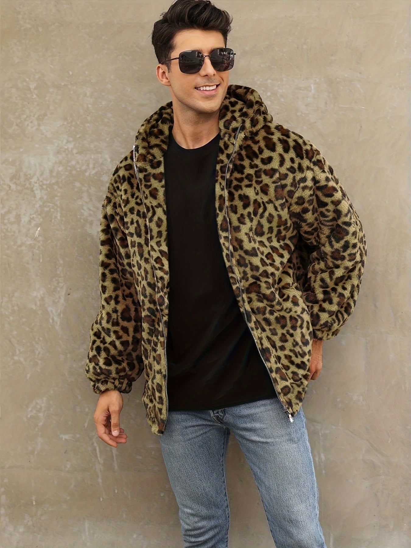 Soft, Warm Men's Faux Fur Hooded Jacket - Elegant Leopard Print Zip-Up Coat with Pockets, Machine Washable for Fall/Winter Casual Wear