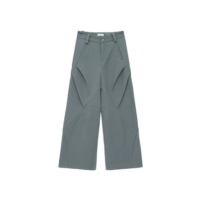 Men's Trousers Solid Color Niche Design Pleated Splice Loose Trend Male Casual Baggy Pant Wide Leg High Street