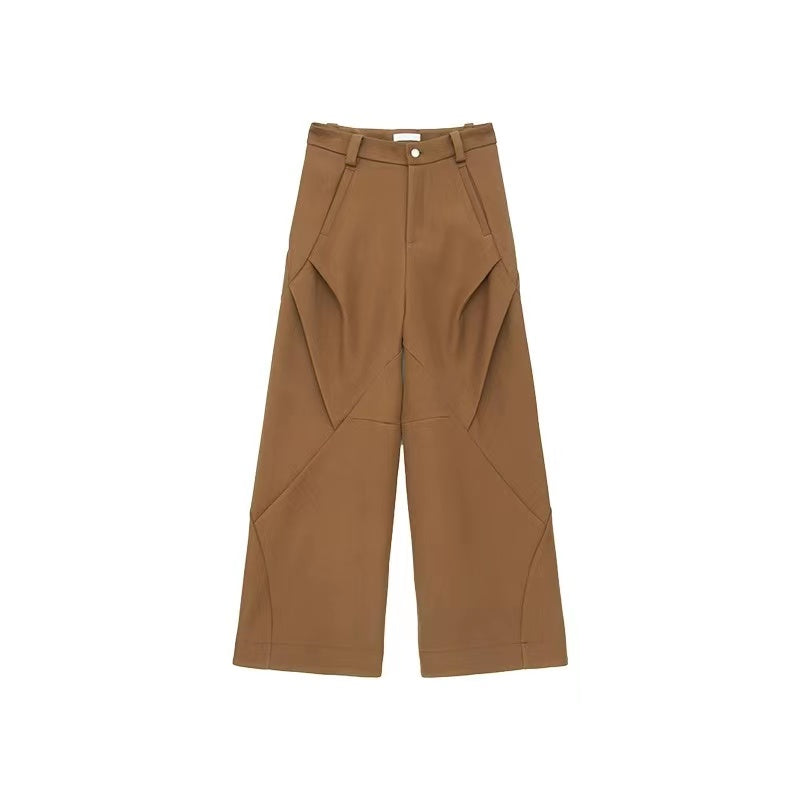 Men's Trousers Solid Color Niche Design Pleated Splice Loose Trend Male Casual Baggy Pant Wide Leg High Street