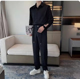 Men Sets Solid Color Lapel Long Sleeve Pockets Shirt & Straight Pants 2PCS Loose Streetwear Men Casual Suits 5XL