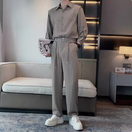 Men Sets Solid Color Lapel Long Sleeve Pockets Shirt & Straight Pants 2PCS Loose Streetwear Men Casual Suits 5XL