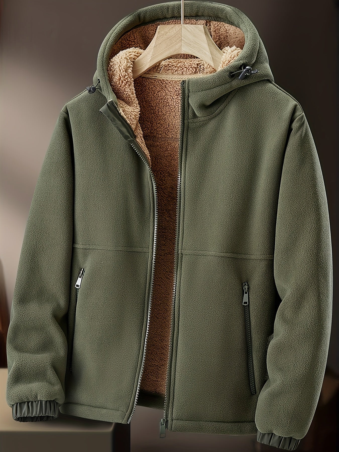 Warm & Cozy Polyester Blend Men's Fleece-Lined Hooded Jacket - Long Sleeve, Regular Fit, Casual Zip-Up Winter Coat with Pockets, Non-Transparent, Machine Washable, Solid Color