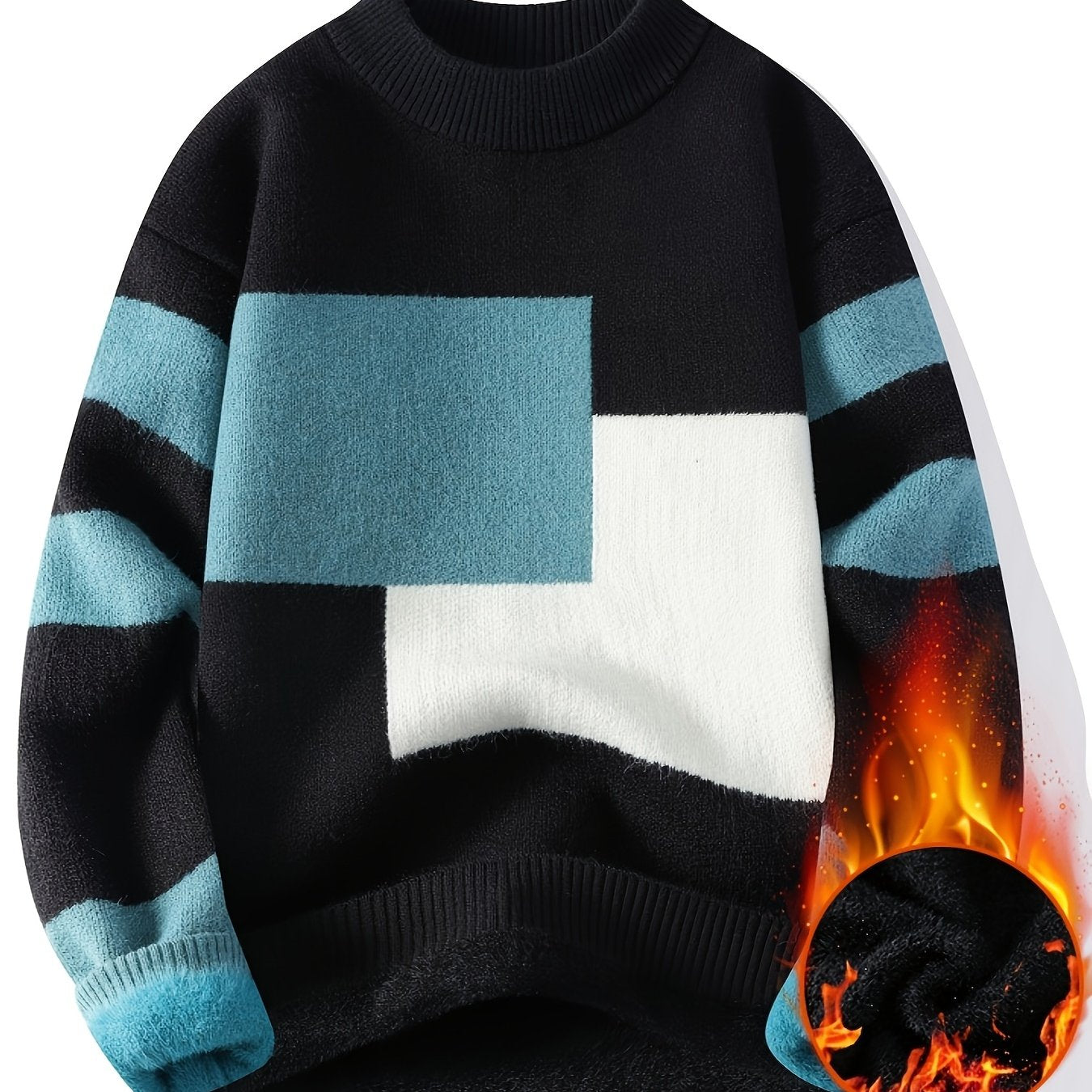 Cozy Thermal Men's Fleece-Lined Knit Sweater - Soft Polyester Blend, Machine Washable, Casual & Trendy Color Block Design - Perfect for Fall & Winter