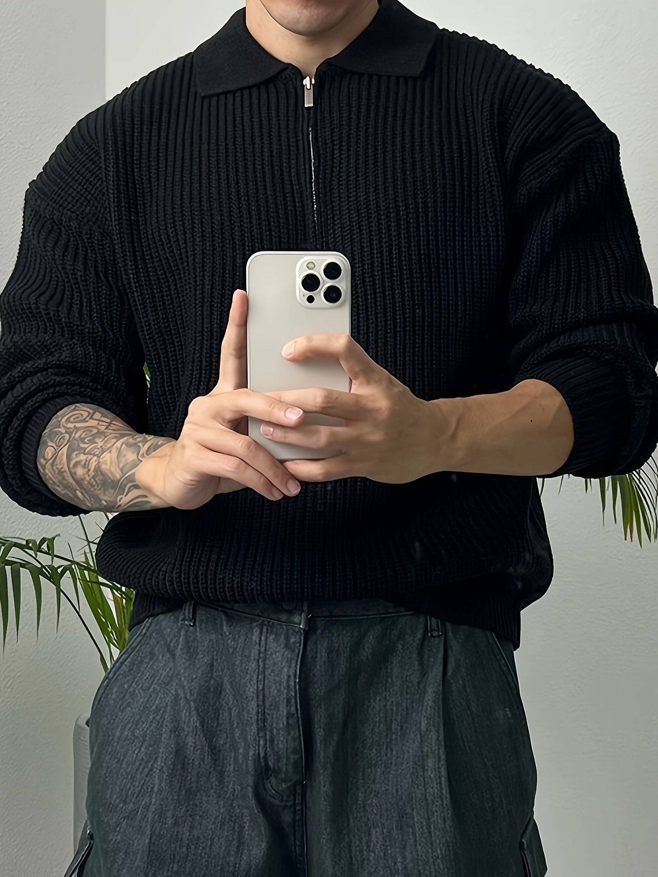 Long Sleeve Polyester Sweatshirt - Men's Casual Knitted Zipper Top - Lapel Collar, Solid Color, Slight Stretch, Half Placket, Loose Fit - 95% Polyester, 5% Spandex - Winter Wear