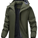 Thick Warm Hooded Polyester Jacket - Men's Casual Windproof Leisure Style Outerwear for Fall/Winter - Zip-Up Conventional Version Autumn/Winter