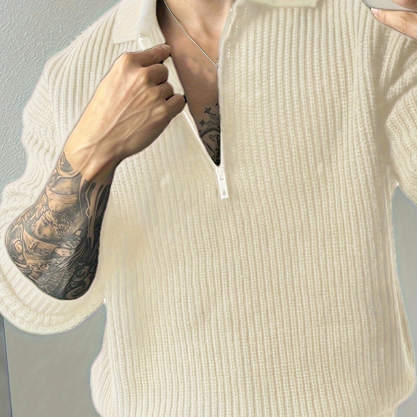 Long Sleeve Polyester Sweatshirt - Men's Casual Knitted Zipper Top - Lapel Collar, Solid Color, Slight Stretch, Half Placket, Loose Fit - 95% Polyester, 5% Spandex - Winter Wear