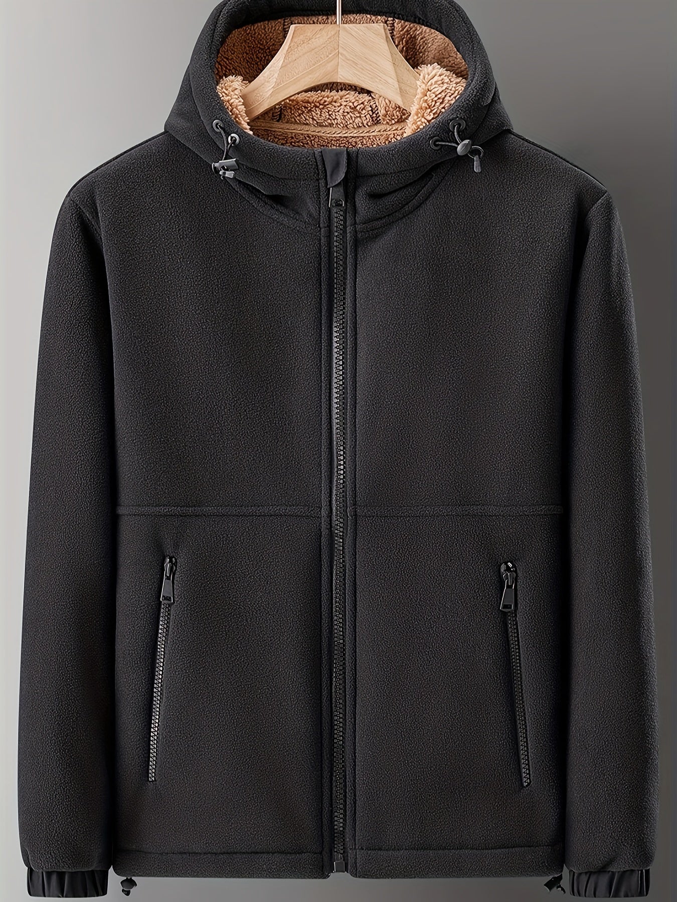 Warm & Cozy Polyester Blend Men's Fleece-Lined Hooded Jacket - Long Sleeve, Regular Fit, Casual Zip-Up Winter Coat with Pockets, Non-Transparent, Machine Washable, Solid Color