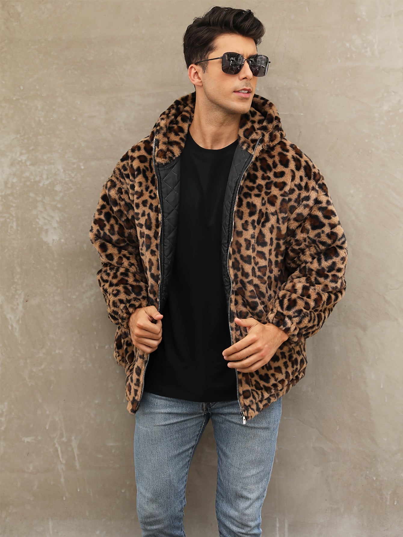 Soft, Warm Men's Faux Fur Hooded Jacket - Elegant Leopard Print Zip-Up Coat with Pockets, Machine Washable for Fall/Winter Casual Wear