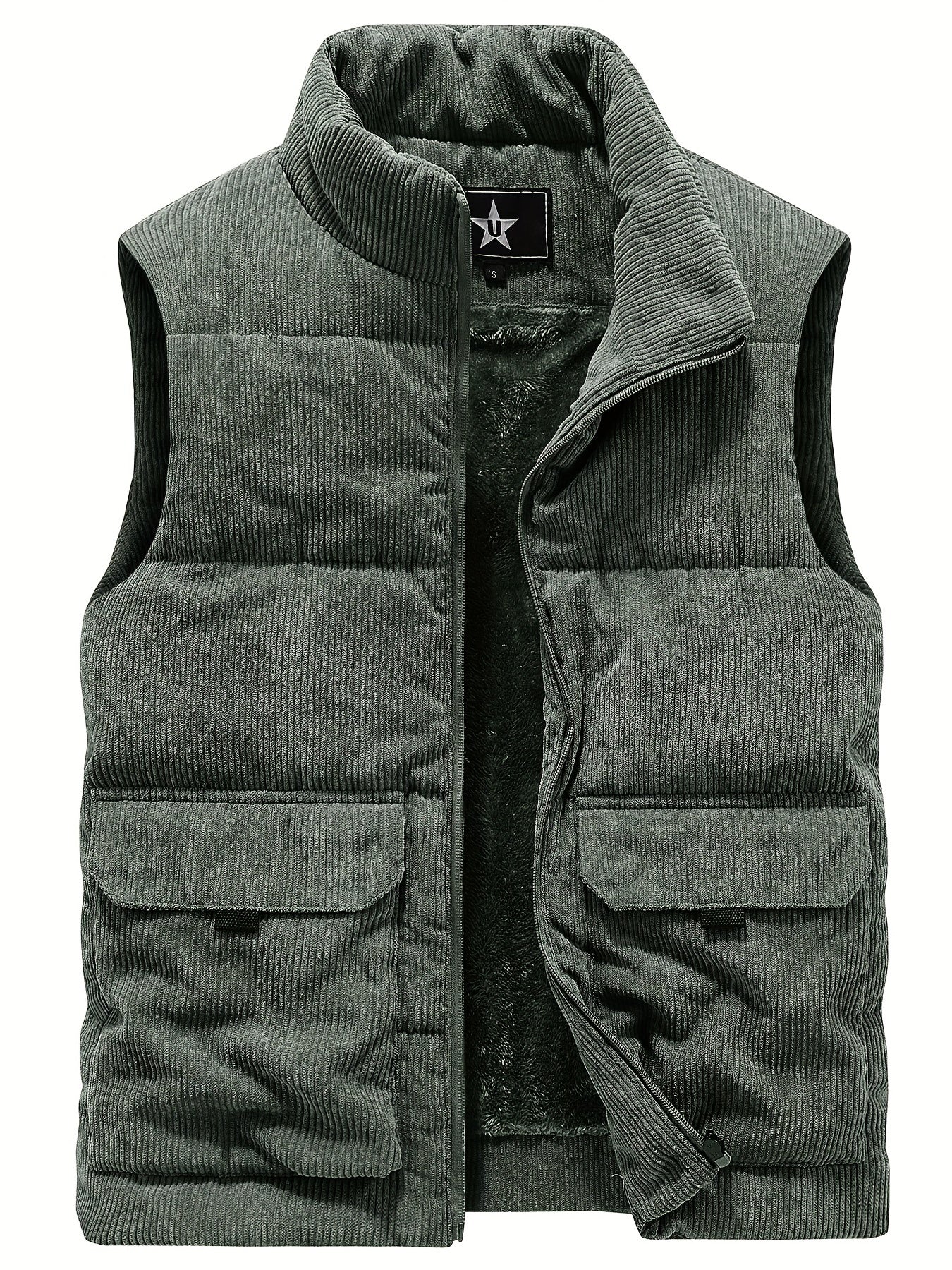 Thick Plush 100% Polyester JPDUN Men's Winter Vest - Casual Stand Collar, Multi-Pocket Outdoor Workwear, Warm Camisole Jacket, Loose Fit, Woven, Non-Stretch