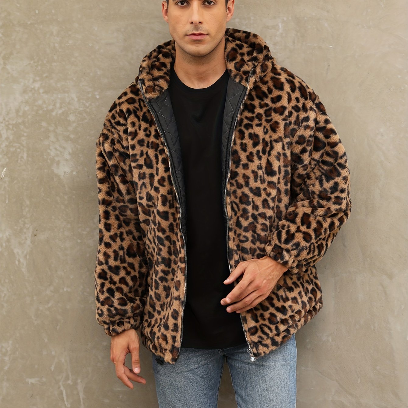 Soft, Warm Men's Faux Fur Hooded Jacket - Elegant Leopard Print Zip-Up Coat with Pockets, Machine Washable for Fall/Winter Casual Wear