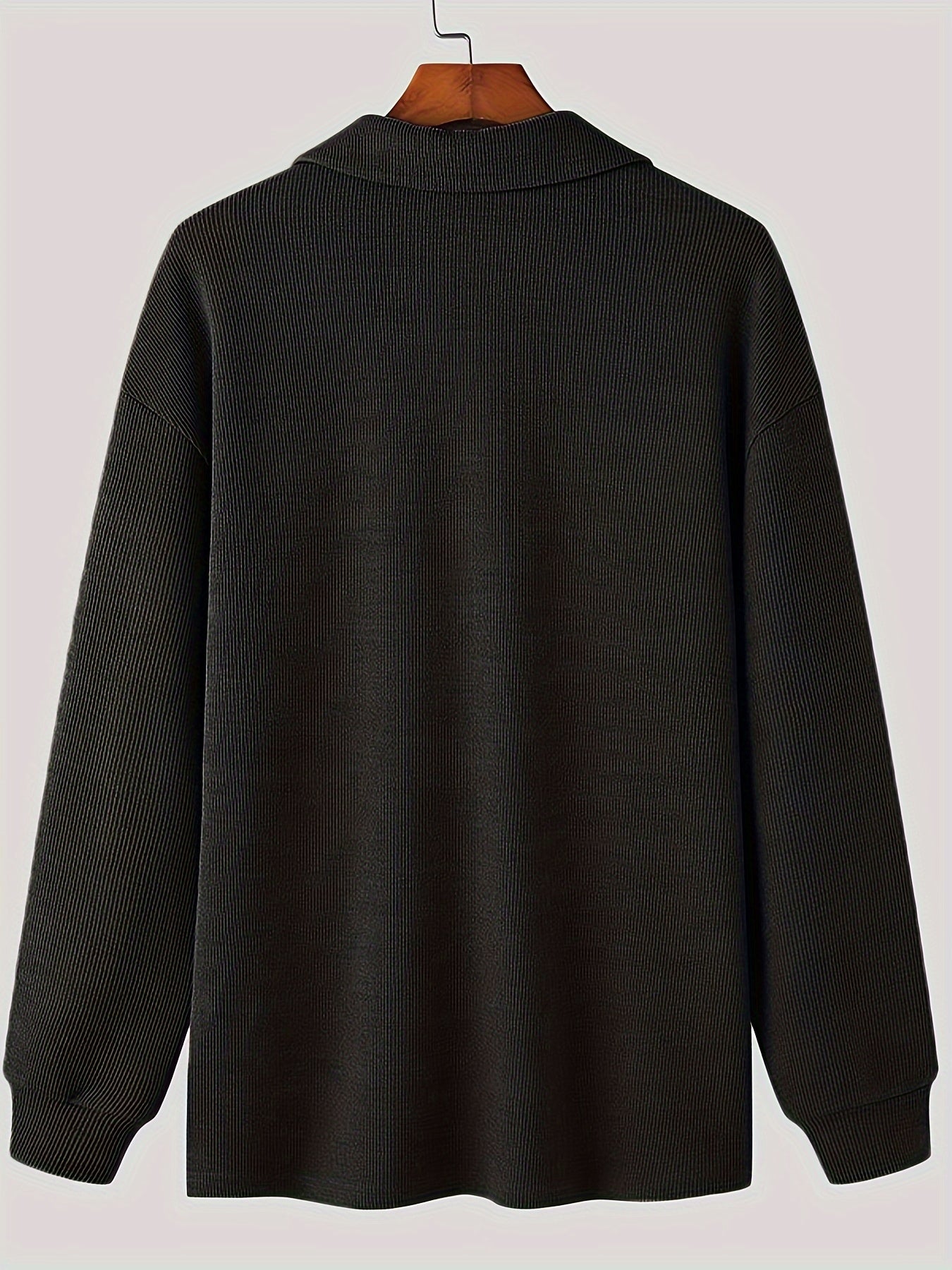 Long Sleeve Polyester Sweatshirt - Men's Casual Knitted Zipper Top - Lapel Collar, Solid Color, Slight Stretch, Half Placket, Loose Fit - 95% Polyester, 5% Spandex - Winter Wear