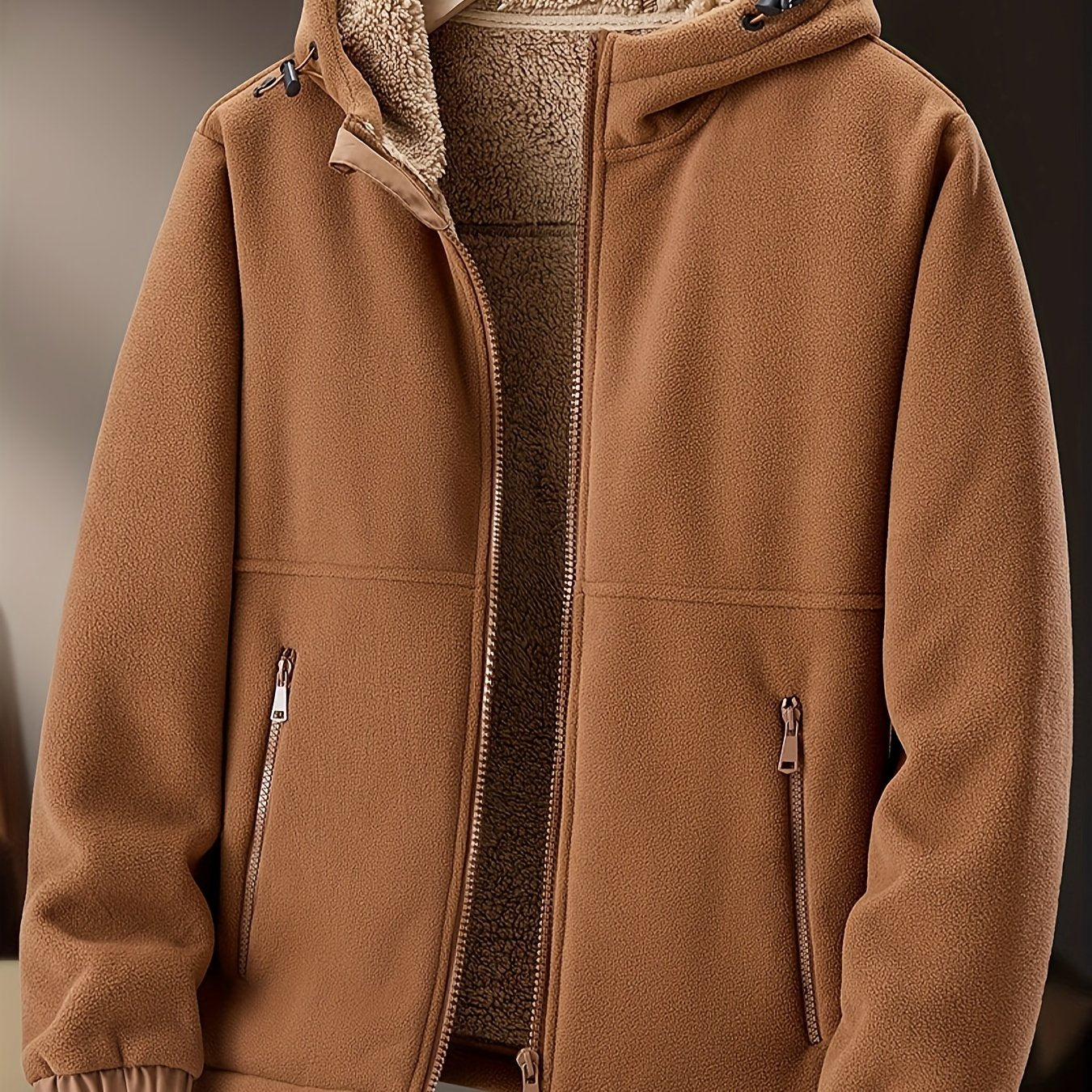 Warm & Cozy Polyester Blend Men's Fleece-Lined Hooded Jacket - Long Sleeve, Regular Fit, Casual Zip-Up Winter Coat with Pockets, Non-Transparent, Machine Washable, Solid Color
