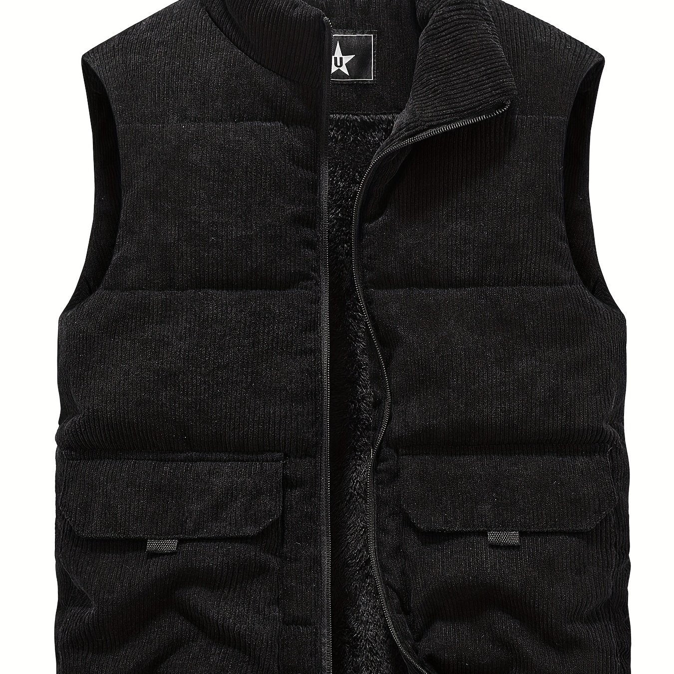 Thick Plush 100% Polyester JPDUN Men's Winter Vest - Casual Stand Collar, Multi-Pocket Outdoor Workwear, Warm Camisole Jacket, Loose Fit, Woven, Non-Stretch