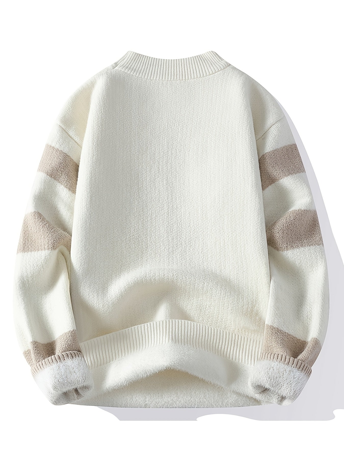 Cozy Thermal Men's Fleece-Lined Knit Sweater - Soft Polyester Blend, Machine Washable, Casual & Trendy Color Block Design - Perfect for Fall & Winter