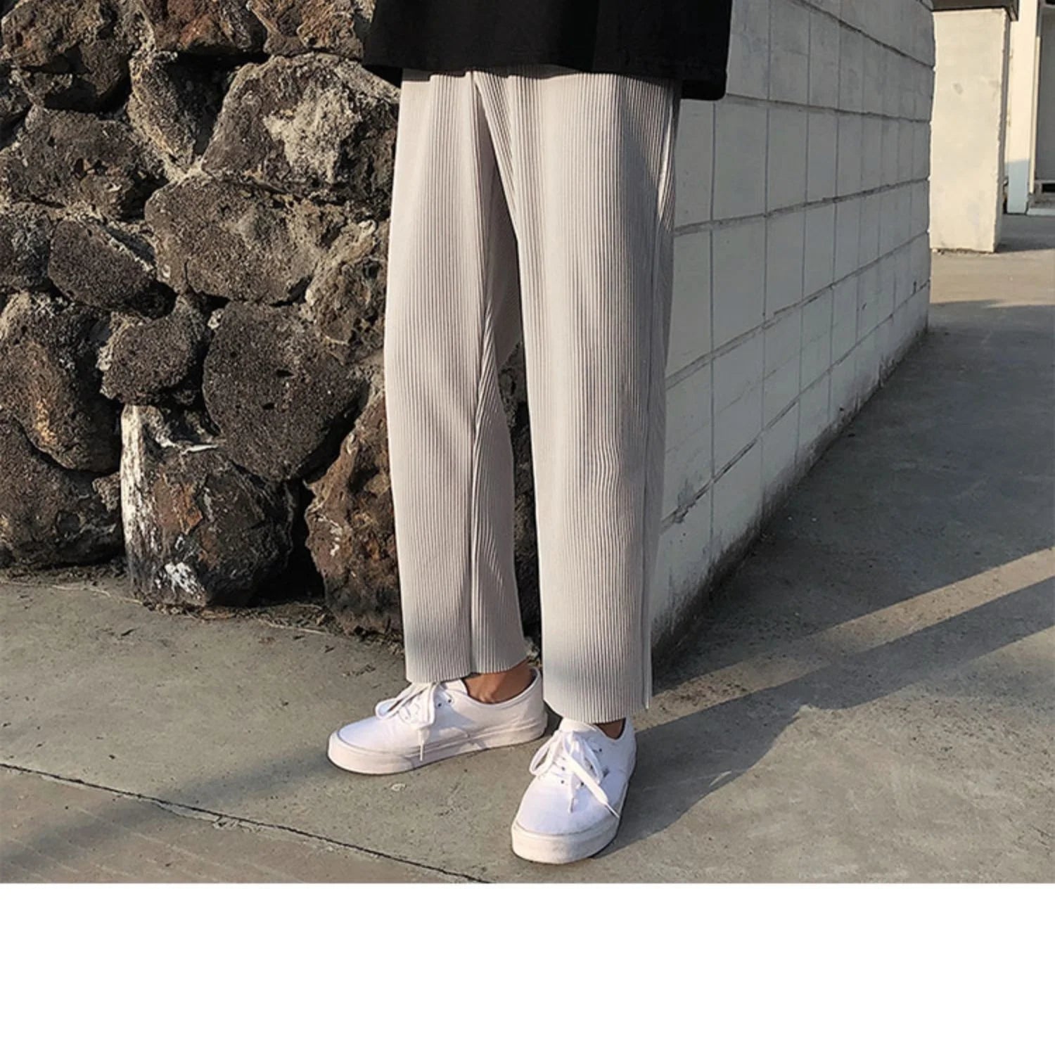 Summer Black Casual Pants Men Straight Pleated Men Japanese Streetwear Loose Ice Silk Pants Mens Wide Leg Pants Mens Trousers