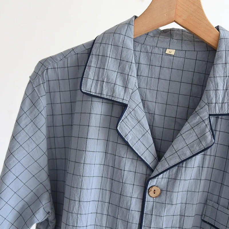 Men's Trousers Pajamas Set for Spring and Summer Thin Plaid Design Cotton Fabric Short Sleeved Long Pants Home Men Pyjama Set