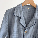 Men's Trousers Pajamas Set for Spring and Summer Thin Plaid Design Cotton Fabric Short Sleeved Long Pants Home Men Pyjama Set