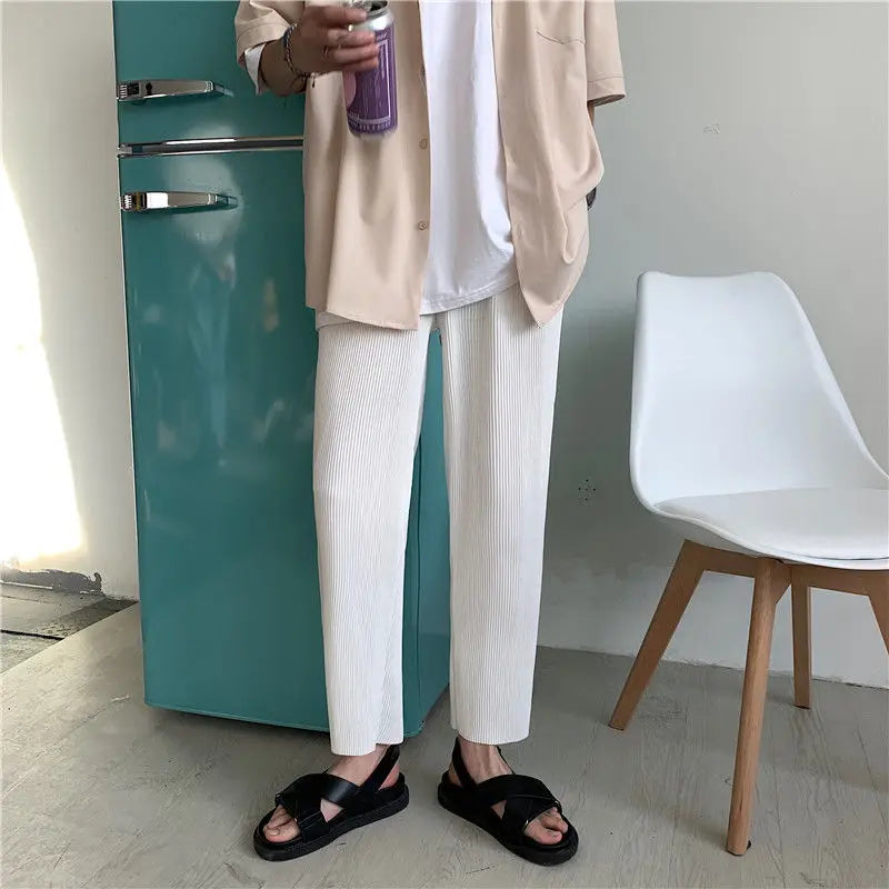 Summer Black Casual Pants Men Straight Pleated Men Japanese Streetwear Loose Ice Silk Pants Mens Wide Leg Pants Mens Trousers