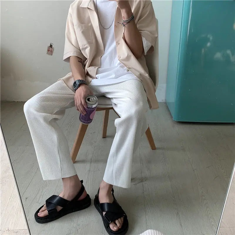 Summer Black Casual Pants Men Straight Pleated Men Japanese Streetwear Loose Ice Silk Pants Mens Wide Leg Pants Mens Trousers