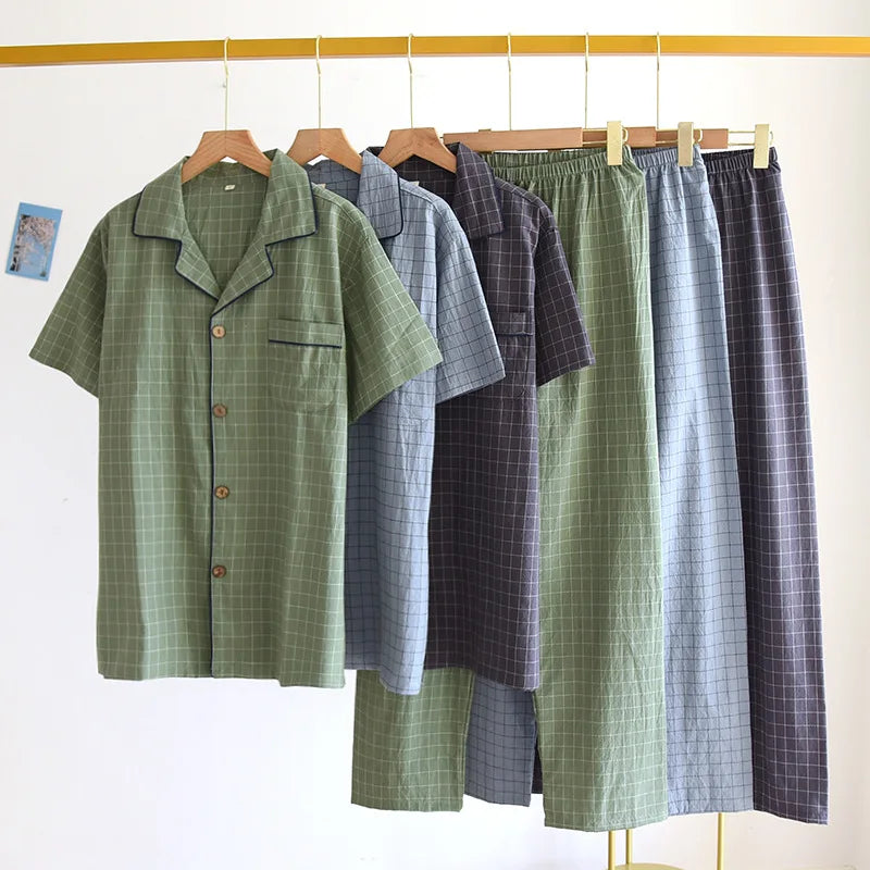 Men's Trousers Pajamas Set for Spring and Summer Thin Plaid Design Cotton Fabric Short Sleeved Long Pants Home Men Pyjama Set