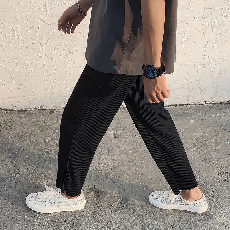 Summer Black Casual Pants Men Straight Pleated Men Japanese Streetwear Loose Ice Silk Pants Mens Wide Leg Pants Mens Trousers