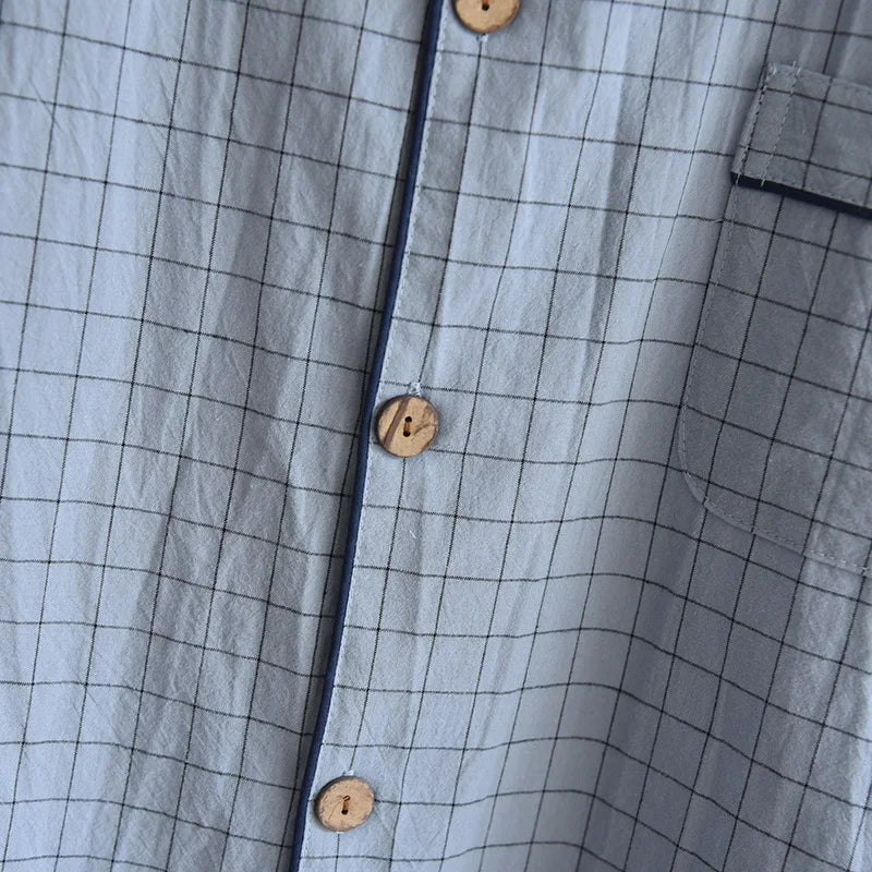 Men's Trousers Pajamas Set for Spring and Summer Thin Plaid Design Cotton Fabric Short Sleeved Long Pants Home Men Pyjama Set