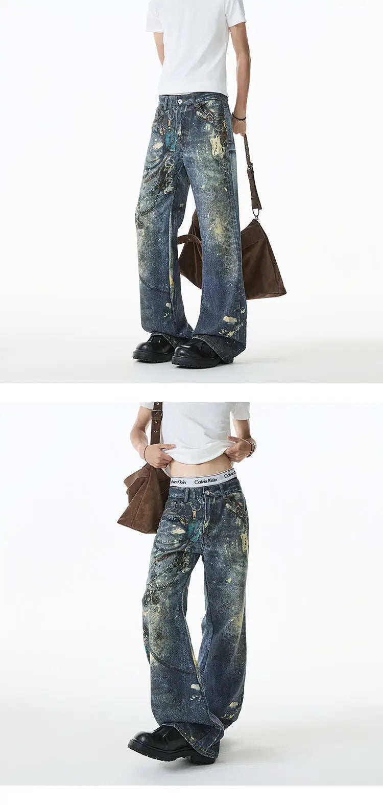 Jean Men Unique Design Graffiti Street Style Drag Jeans Urban Trendy Fashion Distressed Long Fit Casual Denim Pants Edgy Hip Hop