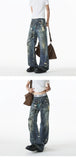 Jean Men Unique Design Graffiti Street Style Drag Jeans Urban Trendy Fashion Distressed Long Fit Casual Denim Pants Edgy Hip Hop