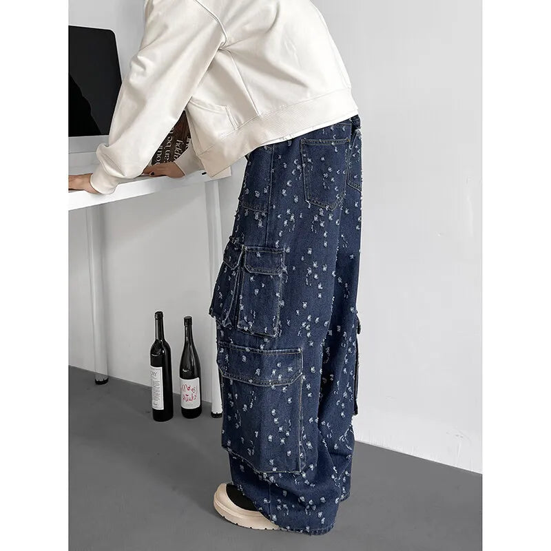 Cargo jean pants Men Wide Leg DenimLoose Straight Baggy Men's Jeans hip hop Streetwear Skateboard Neutral denim Trousers