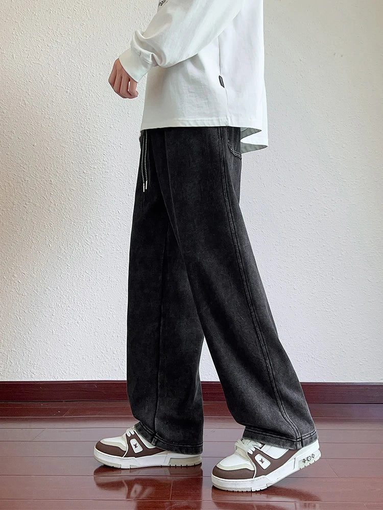Mens Sweatpants High Street Acid Washed Cotton Elastic Waist Wide Leg Jogger Pants Drawstring Workout Long Pants