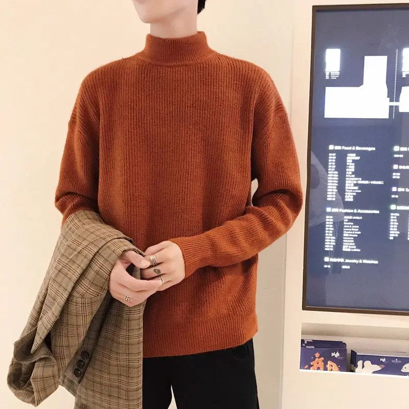 Autumn Winter New Fashion Long Sleeve Half High Collar Solid Pullovers Men's Clothing All-match Knitting Korean Simplicity Top