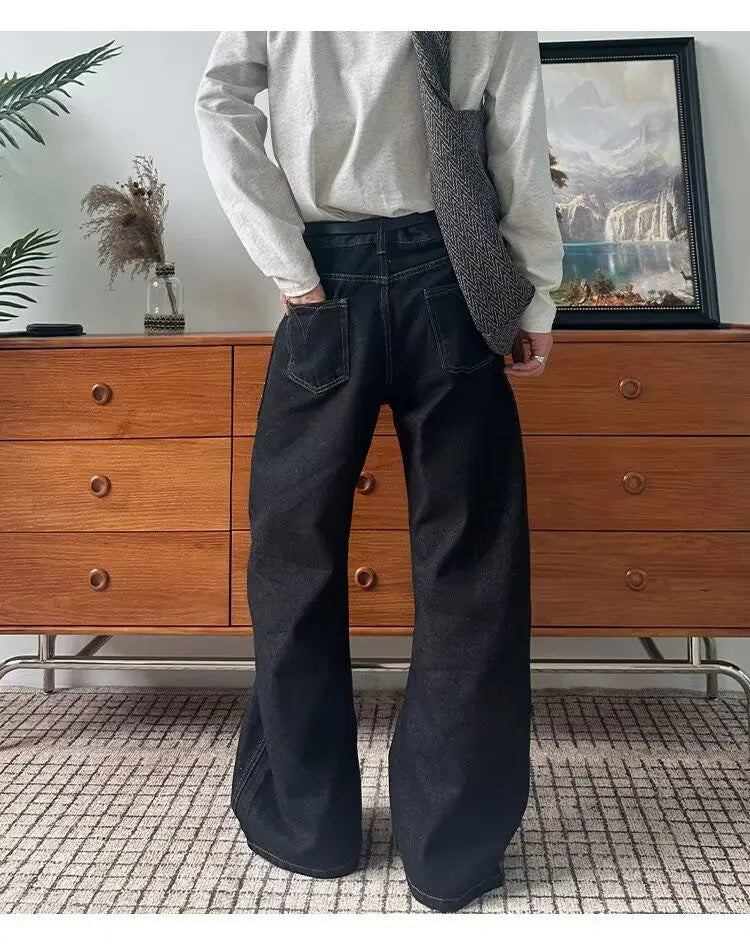 JEANS MEN Black Straight Leg Mens Jeans Novel Pocket Design Front Patch Denim Pants Trendy Fashion Casual Trousers Hot Sale 2025