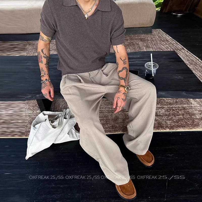 New Retro Fashion Men Suit Pants Light Luxury Draped Baggy Belt Button-down Solid Color Straight Trousers Elegant Dress Pants