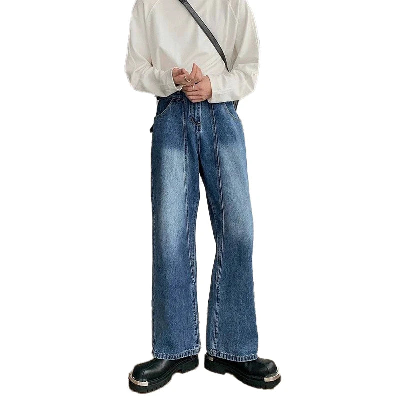 New Korean Cleanfit Male Jeans Luxury Naples High Waist Wide Legs Denim Pants Fashion Solid Color Retro Premium Elegant Trousers