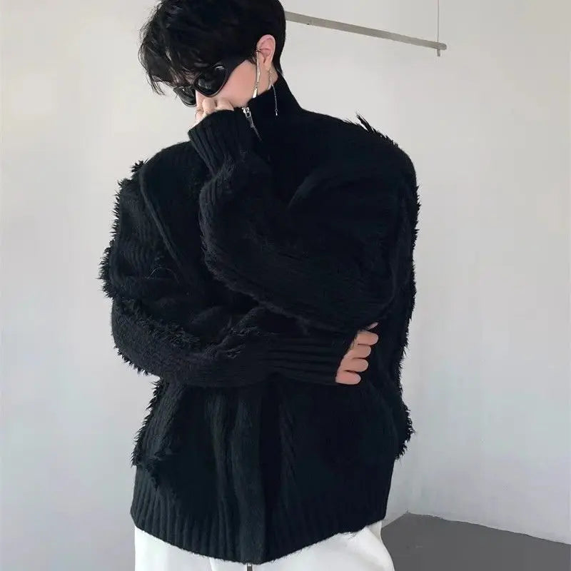 winter new Korean casual retro cardigan knitted jacket with tassel design for men and women stand up collar sweater y2k