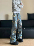 Hip hop trend men and women street personality straight tube flower print washed jeans for couples loose retro casual pants y2k