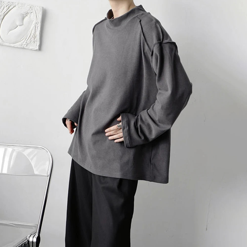 Autumn Winter Fashion Elegant Niche Half Turtleneck Long-Sleeved T-Shirt Mens Pullover Casual Loose Cotton Top Bottoming Shirt