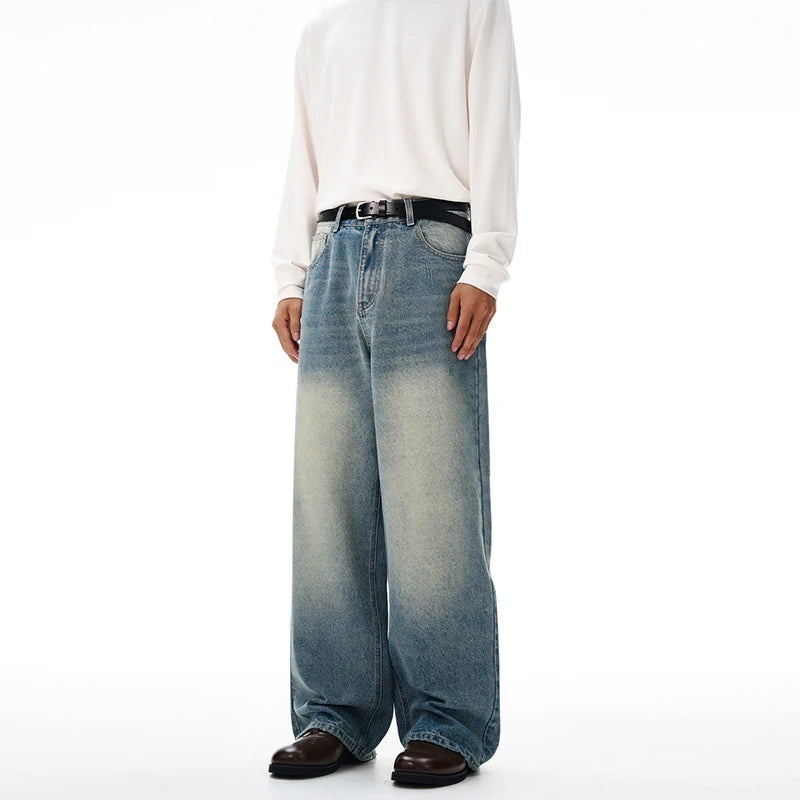 2025 Autumn Men's Wide-leg Jeans Comfortable Loose Casual Straight Trousers American Classic Retro Wash Cotton Denim Pants