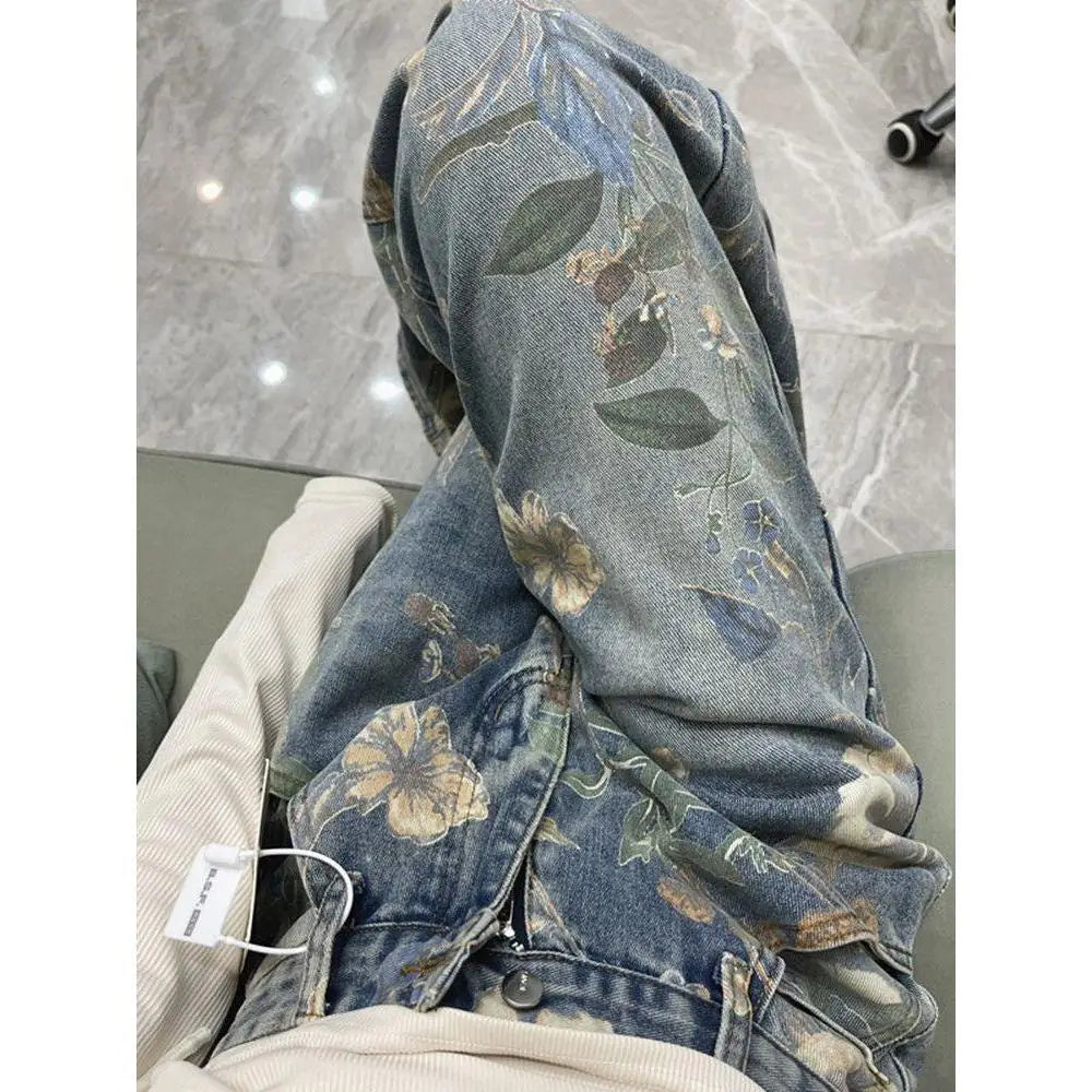American hip-hop men and women trendy retro floral print straight leg jeans for couples loose and wide leg casual pants y2k