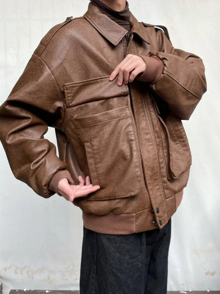 Mens Jacket Japanese Style Autumn Daily Casual Rib Sleeve Warm Streetwear All-match Outerwear Solid Color Multi Pockets Retro