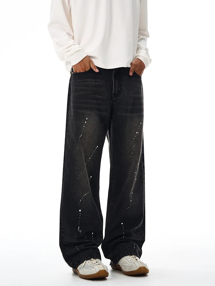 Fashion Graffiti Black Loose Wide-leg Jeans Men's Autumn New American Simple Basic Wash Denim Pants Loose Straight Trousers