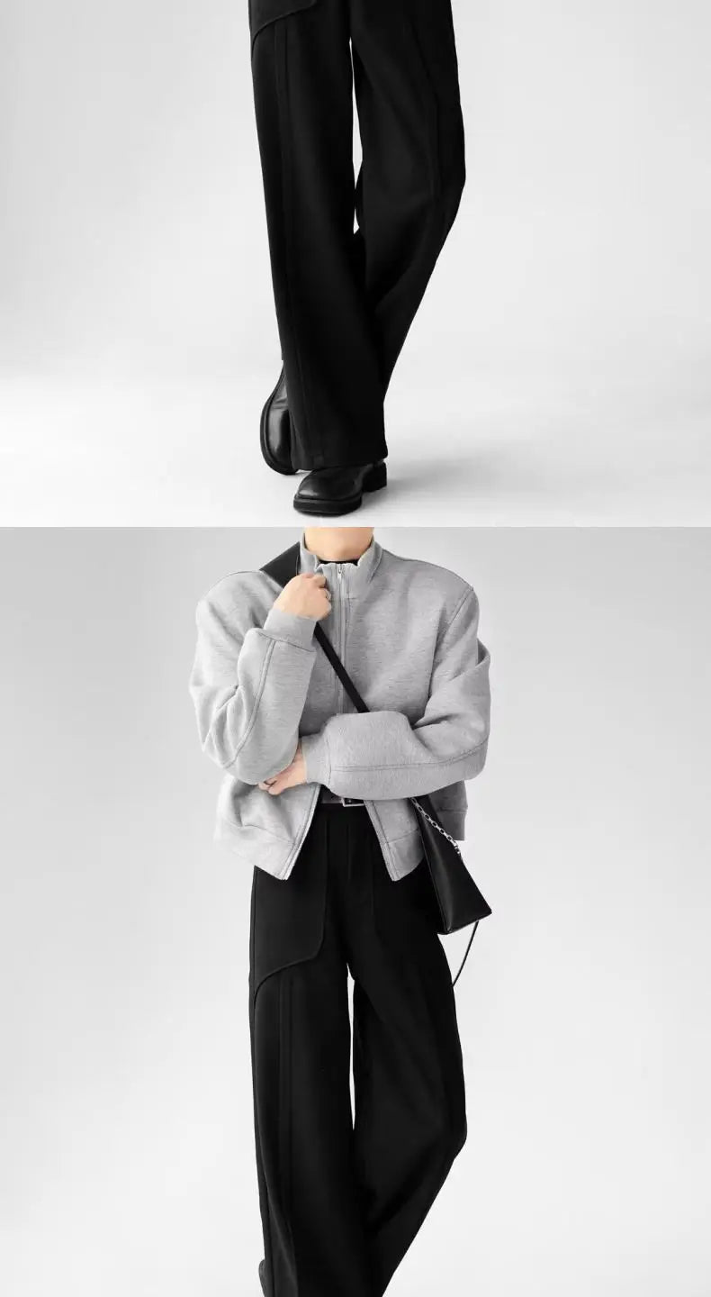 Korean Elegant Pants Fake Pocket Decoration Wide-leg Pants Autumn New American Style Design Sense Spliced Straight Suit Trousers