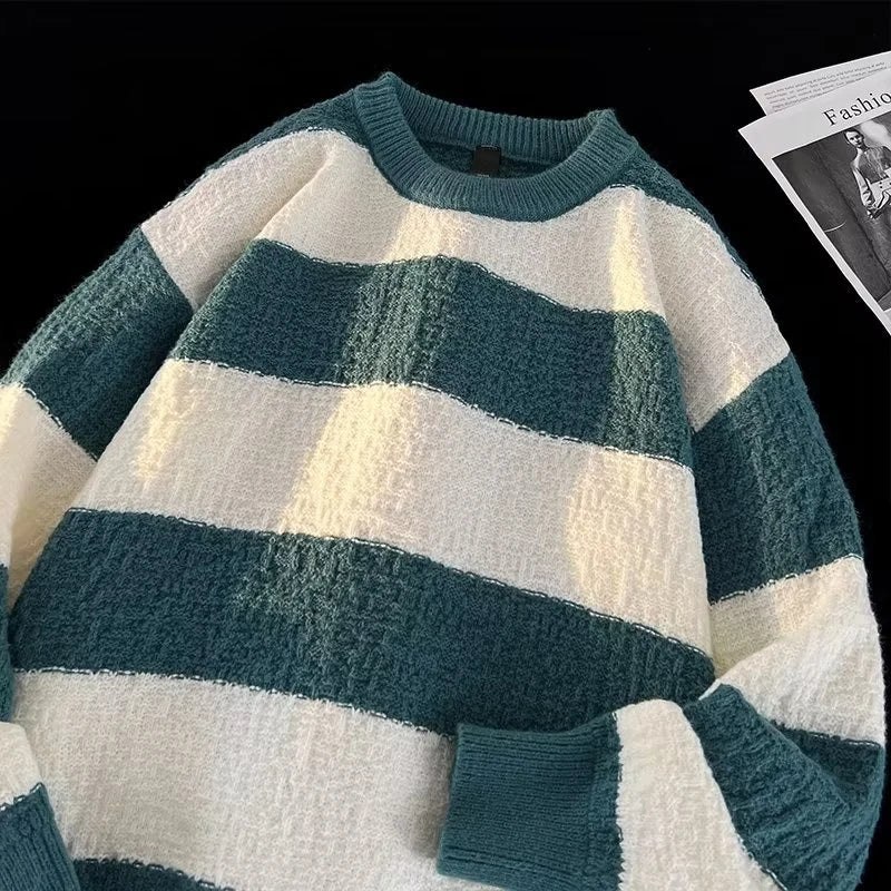 Striped Sweaters Men Fashion Loose Casual Autumn Winter Round Neck Panelled Couple Japanese Style Unisex Streetwear Knitting
