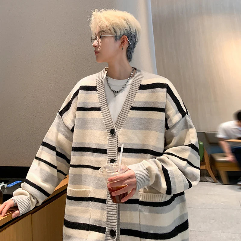 Autumn Striped Cardigan Sweater Men Korean Knitted Sweater Pullover Harajuku Hip Hop Streetwear Loose Knitwear Coat Male Clothes