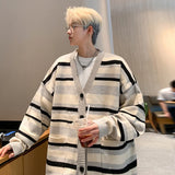 Autumn Striped Cardigan Sweater Men Korean Knitted Sweater Pullover Harajuku Hip Hop Streetwear Loose Knitwear Coat Male Clothes