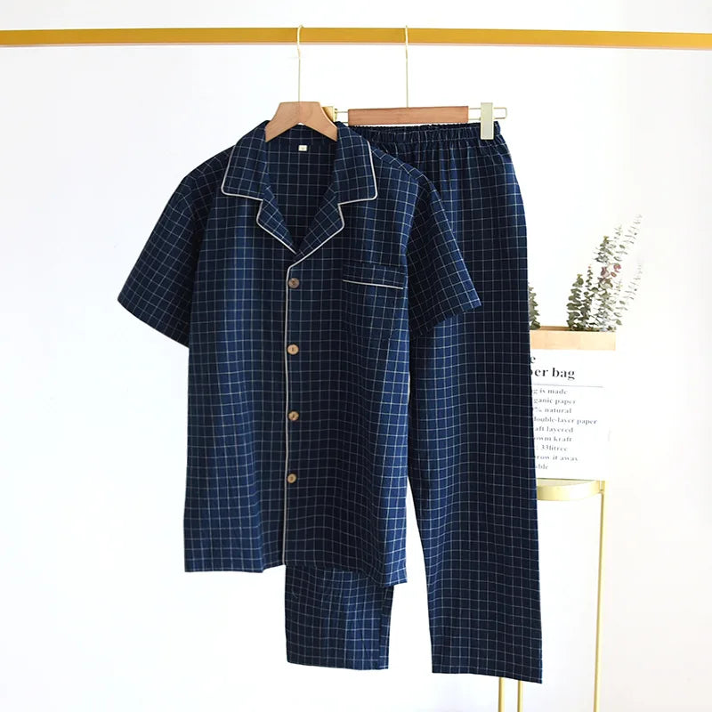 Men's Trousers Pajamas Set for Spring and Summer Thin Plaid Design Cotton Fabric Short Sleeved Long Pants Home Men Pyjama Set