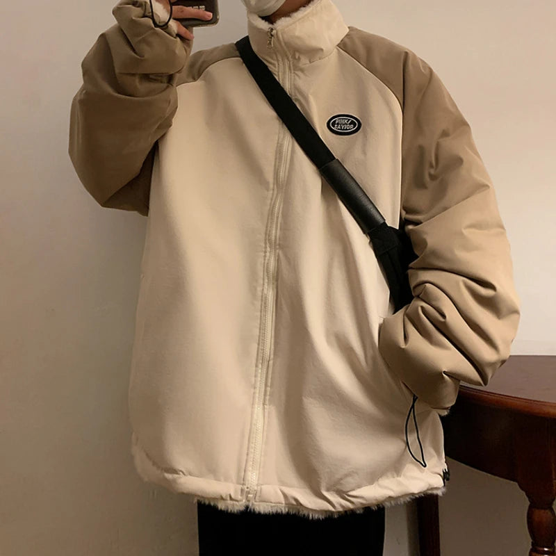 Plus Velvet Thicker Parkas Men Casual Warm Panelled Stand Outwear Cool Handsome Winter Sporty All-match College Students Daily