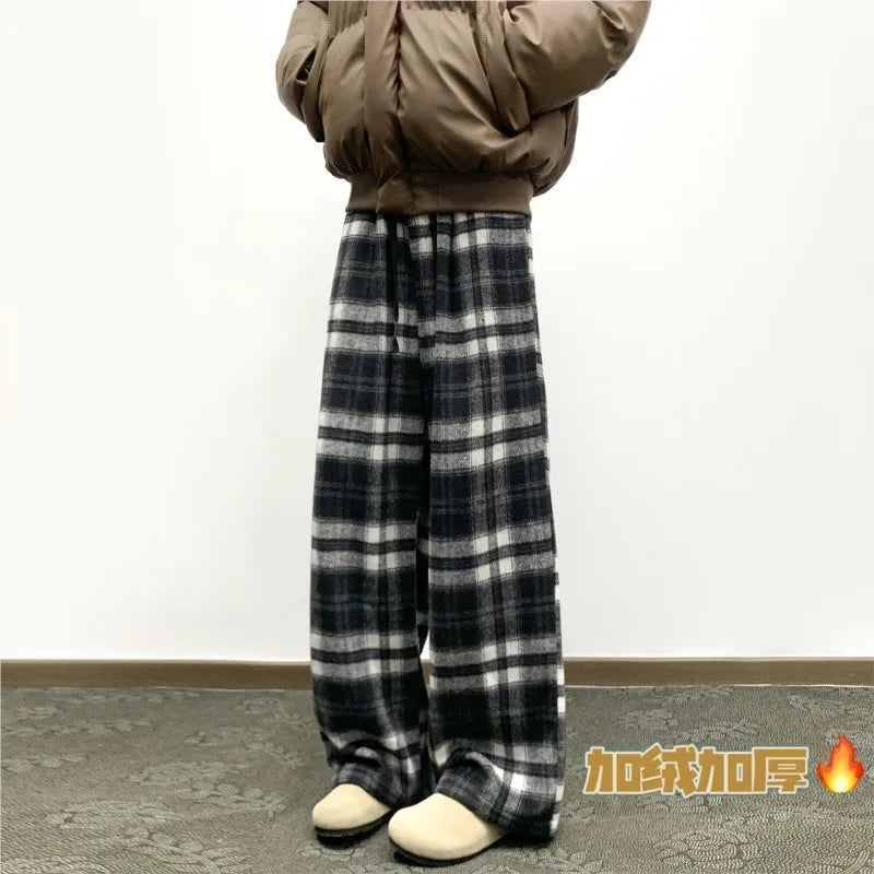 Winter Vintage Fleece Plaid Wide Leg Pants Men's Woolen Casual Thick Warm Pants Men Women Loose Straight Mopping Trousers
