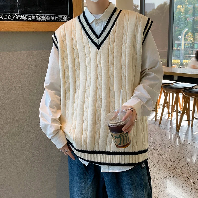 American Fashion Retro V-neck College Style Knitwear Vest Autumn Winter Fried Dough Twists Color Contrast Lovers Sleeveless Vest